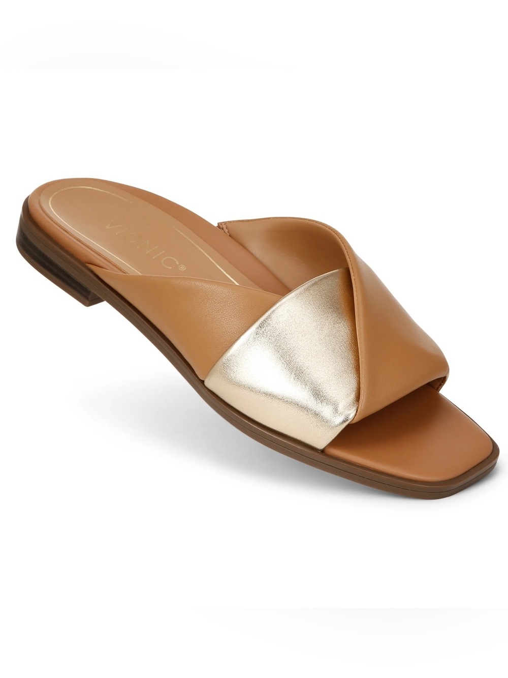 Vionic Miramar Leather Slide Sandals Camel Brown/Gold Sz 7